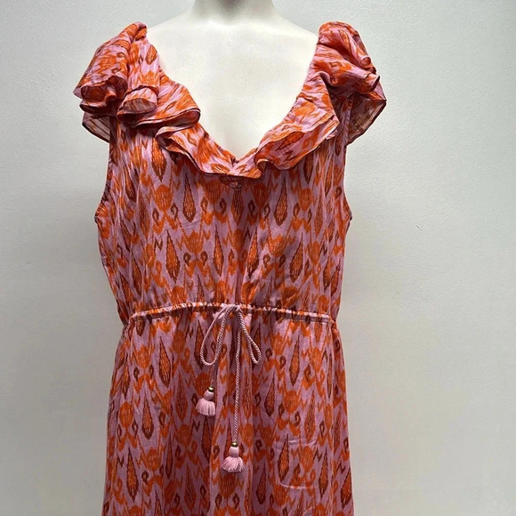 Figue Tahlia Midi Dress Cotton Ruffle Tie Waist Lace Up Back Pink Red Size XL - Picture 3 of 12